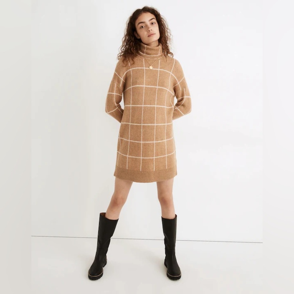 Madewell Windowpane Tan Turtleneck Sweater Dress Size L